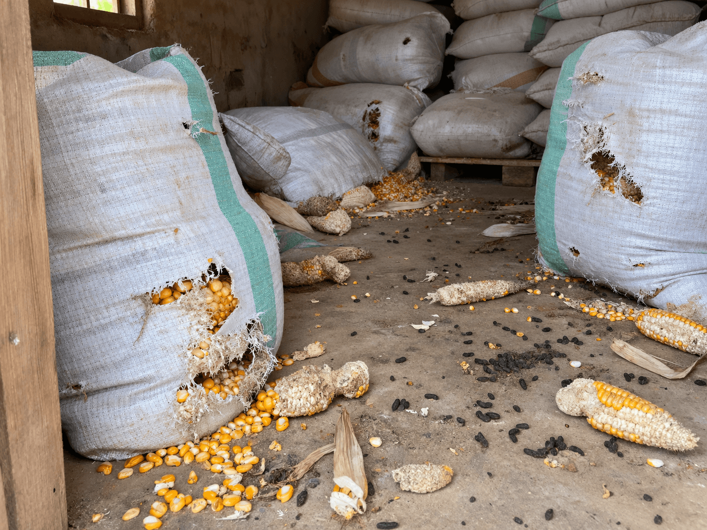 A maize store with sacks chewed open, gnawed maize cobs and rodent droppings on the floor